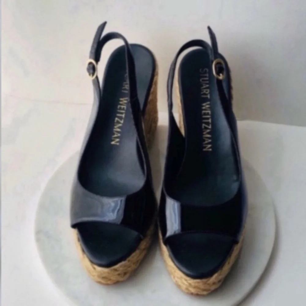 STUART WEITZMAN Island Espadrille Black Patent Leather Platform Slingback Wedges